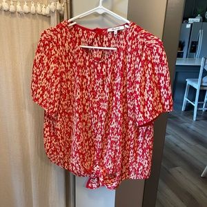 red floral Madewell top with tie in front